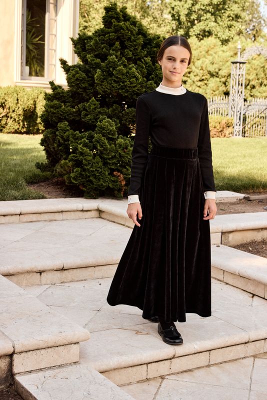 Black Velour Pleated Maxi Skirt