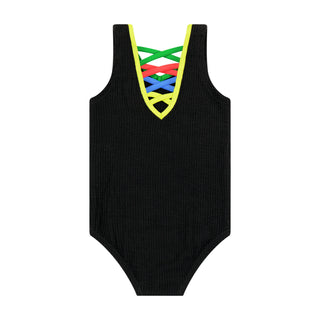 Black Crinkle Bathing Suit with Neon Trim