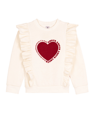 White with Red Heart Ruffle Crewneck