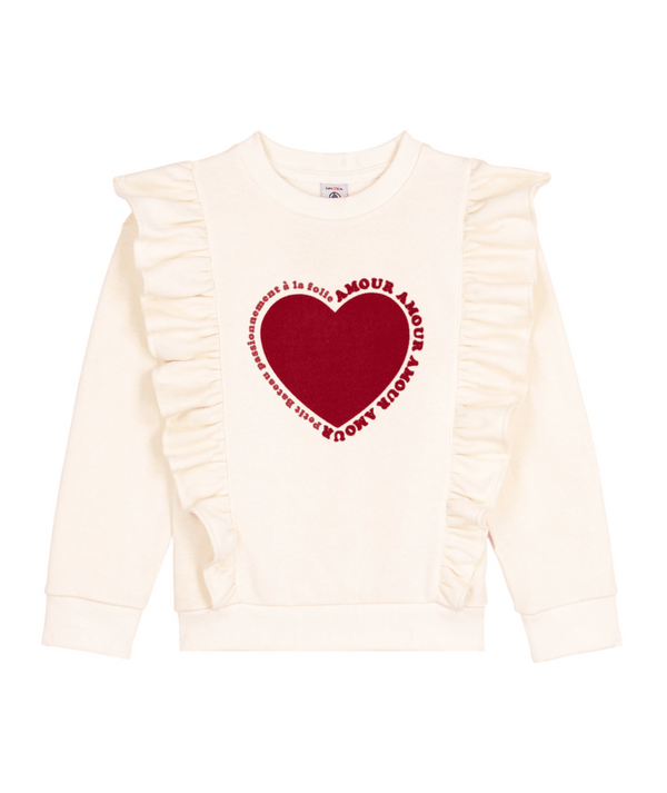 White with Red Heart Ruffle Crewneck