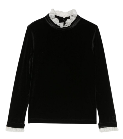 Black Long Sleeves Velvet T-shirt with Lace and Logo