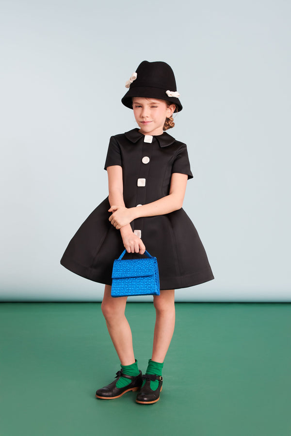 Black and White Large Button Satin Dress