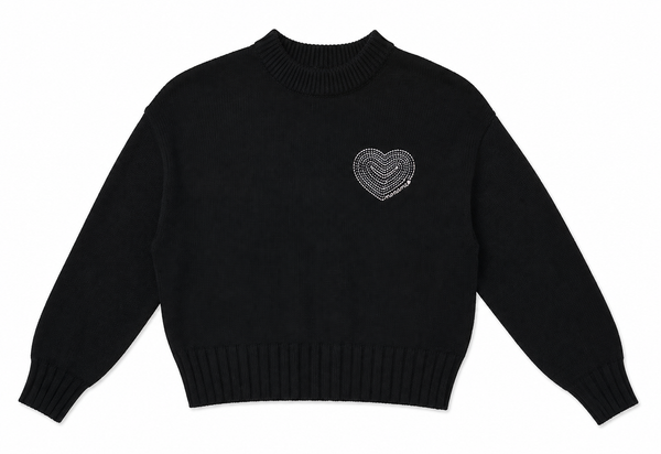 Black Cropped Rhinestone Heart Sweater
