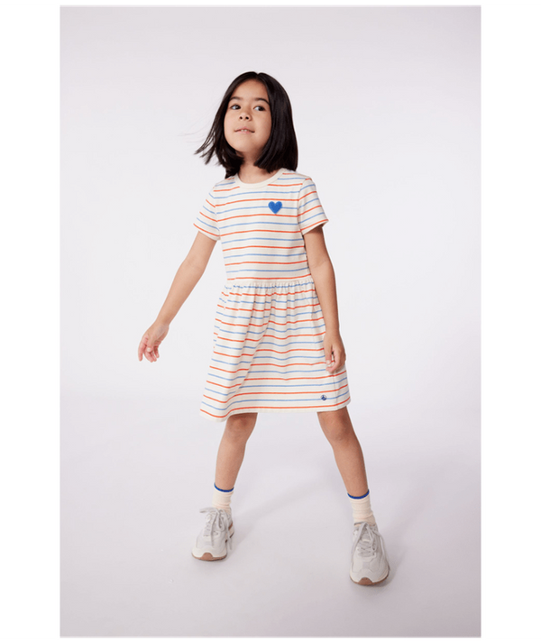 Cream and Multicolor Striped Heart Patch Dress