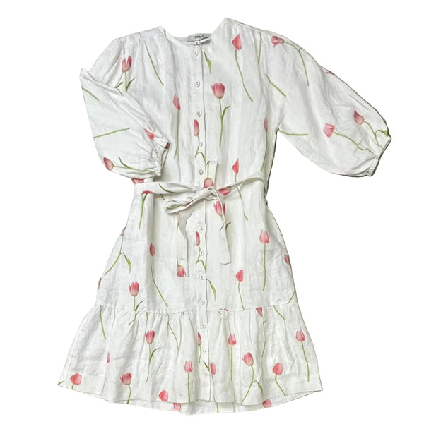 White Linen Pink Tulip Dress