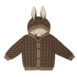 F Brown Allover Logo Hooded Cardigan