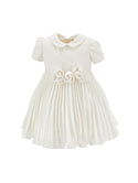 White Velvet Rose Waist Pleated Dress