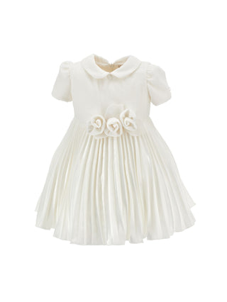 White Velvet Rose Waist Pleated Dress
