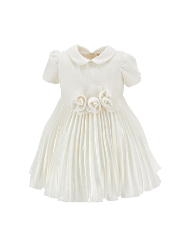 White Velvet Rose Waist Pleated Dress