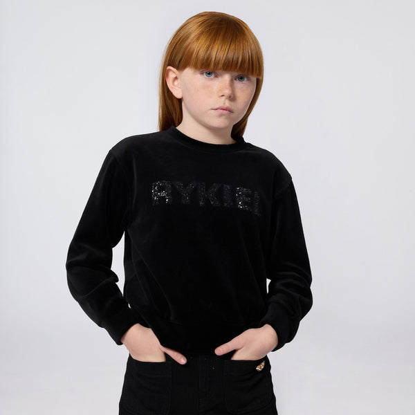 Black Velour Rhinestone Logo Crewneck