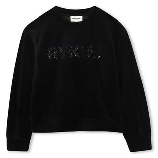 Black Velour Rhinestone Logo Crewneck