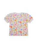 White Tjerry Puff Sleeves Multicolor Flowers Tee