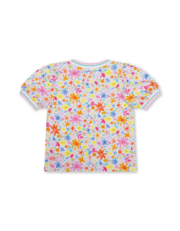 White Tjerry Puff Sleeves Multicolor Flowers Tee