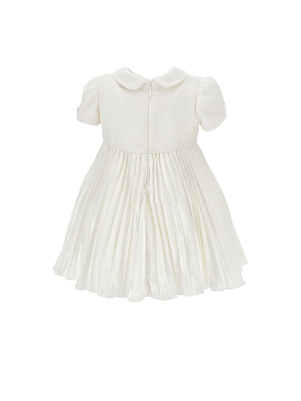 White Velvet Rose Waist Pleated Dress