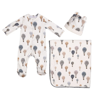 White Sam Air Balloon Print 3pc Footie Set