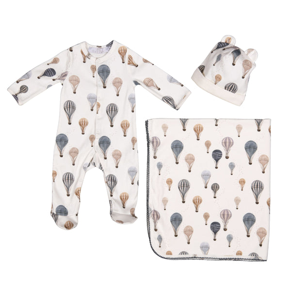 White Sam Air Balloon Print 3pc Footie Set