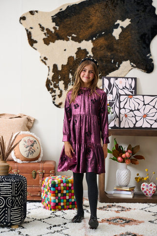 Pink Lame Embroidered Floral Dress