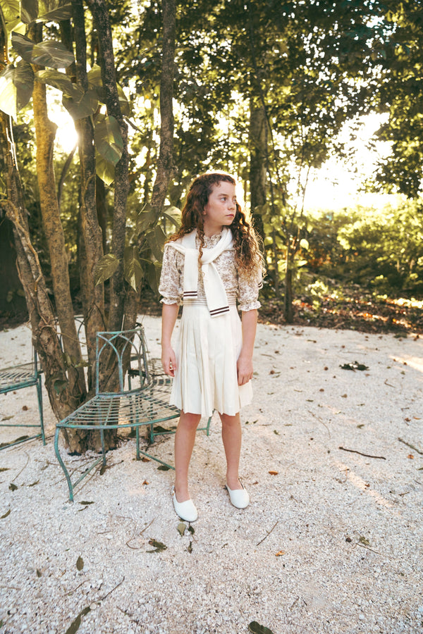 Cream Pleated Stripe Waist Skirt