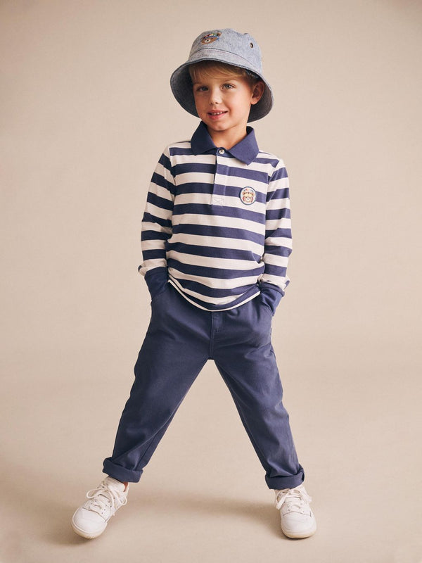 Navy and White Striped Long Sleeve Polo