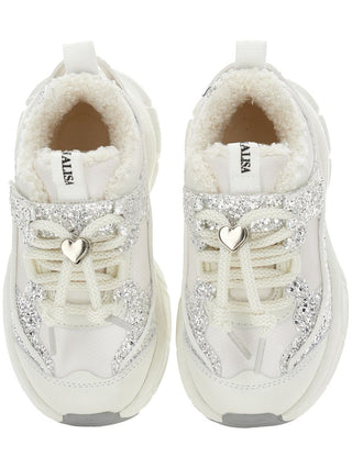 White and Silver Glitter and Faux Leather Sneakers