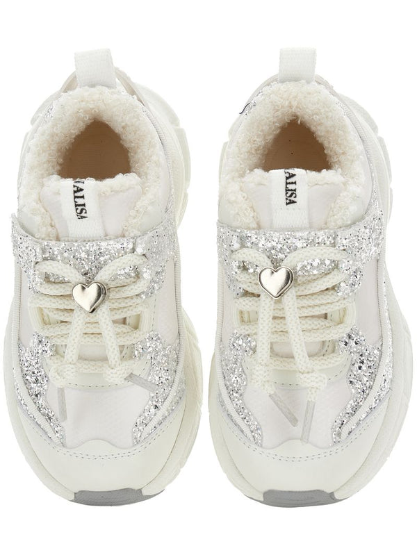 White and Silver Glitter and Faux Leather Sneakers