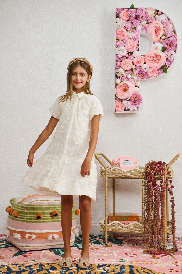 White Button Down Flower Applique Dress