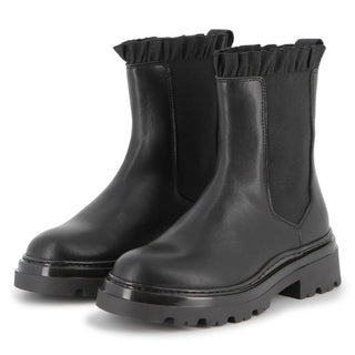 Black Leather Ruffle Ankle Boots