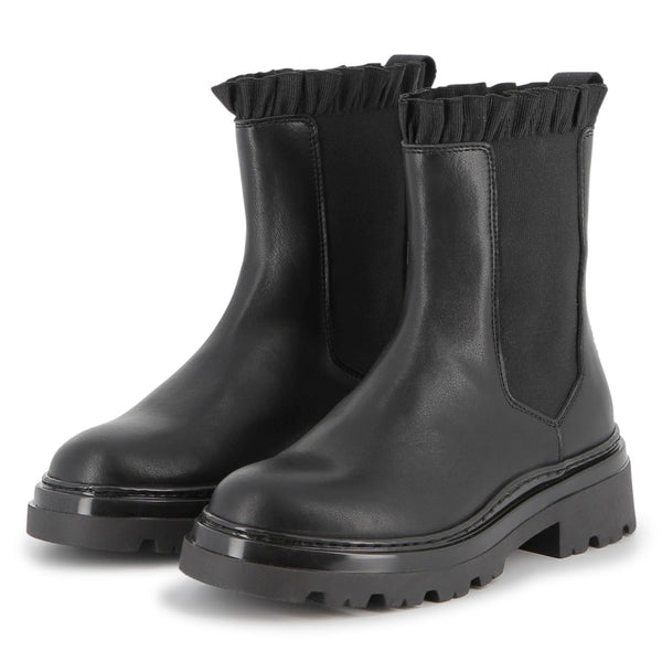 Black Leather Ruffle Ankle Boots