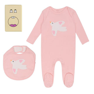 Pink Baby Birds Footie and Bib Set