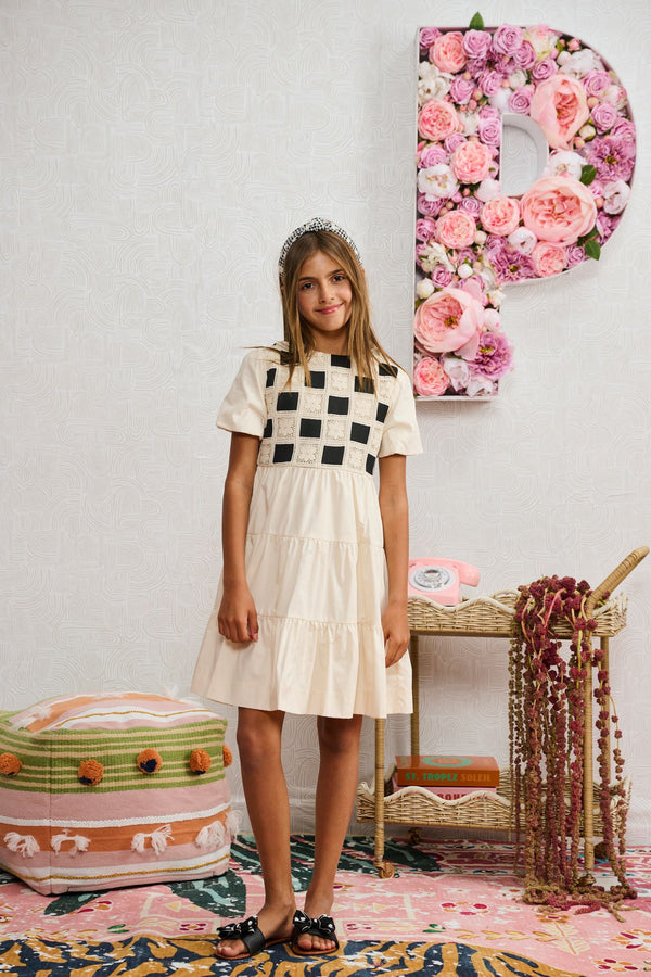 Tan Tiered Black Eyelet Box Dress