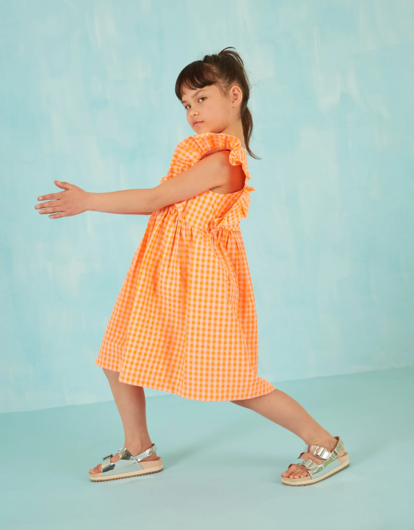 Orange Dajour Gingham Flutter Sleeves Dress