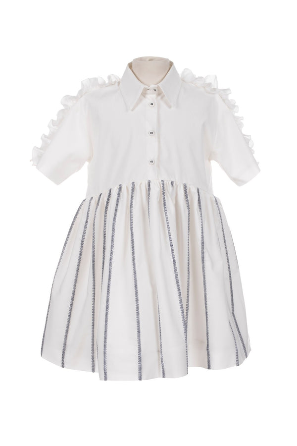 MMS White Shirt Dress w/Ruffles & Navy Top Stitch