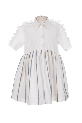 MMS LL White Navy Top Stitch Shirt Dress with Ruffles
