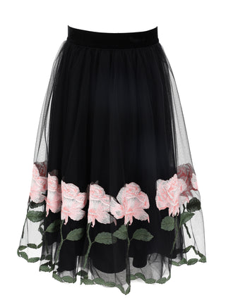 ML Black&Pink Roses Tulle Midi Skirt