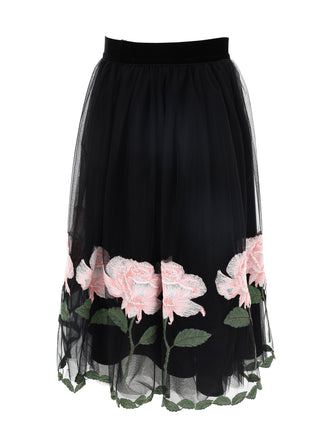 Black and Pink Roses Tulle Midi Skirt