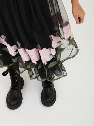 Black and Pink Roses Tulle Midi Skirt