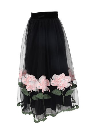 Black and Pink Roses Tulle Midi Skirt