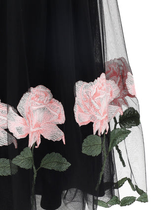 Black and Pink Roses Tulle Midi Skirt