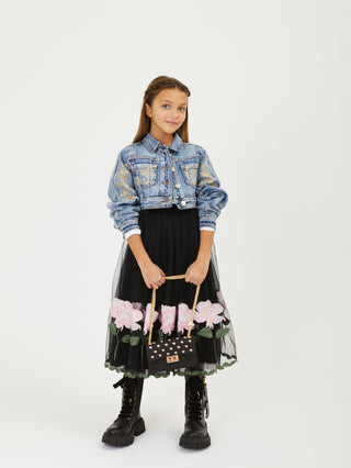 Black and Pink Roses Tulle Midi Skirt