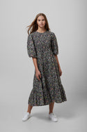 EOE Vanessa Black Floral Printed Smocked Midi Dress