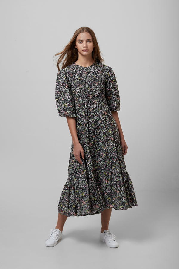 EOE Vanessa Black Floral Printed Smocked Midi Dress