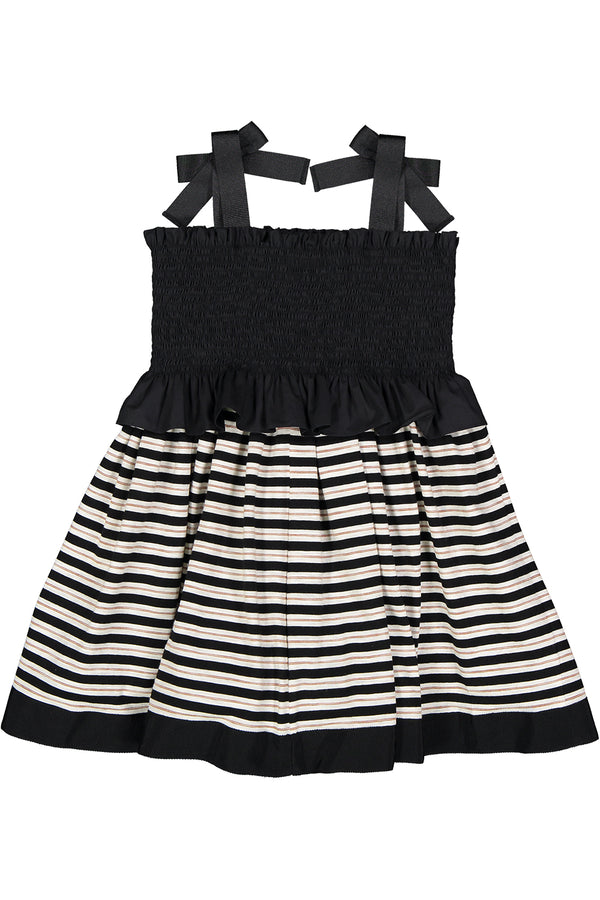 Long Length Black Smocked Bodice Dress with Striped Bottom