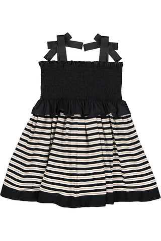 Long Length Black Smocked Bodice Dress with Striped Bottom