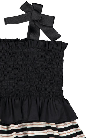 Long Length Black Smocked Bodice Dress with Striped Bottom