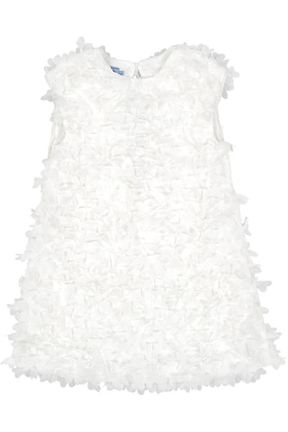 Long Length White Georgette Flower Embellished Dress with Back Pleats