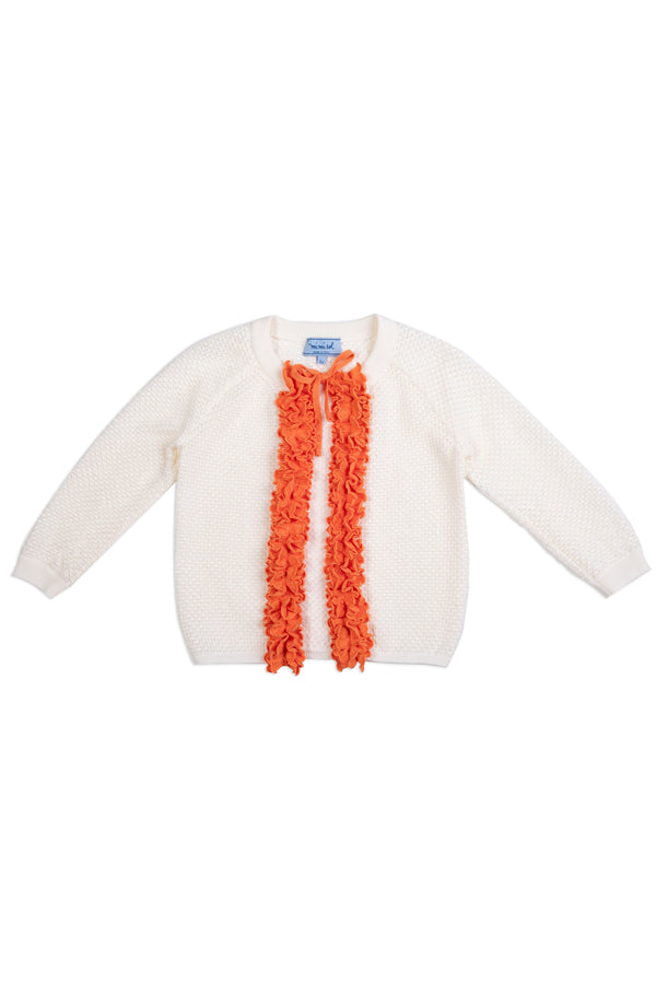 White Cardigan with Orange Ruffle Trim The Red Balloon