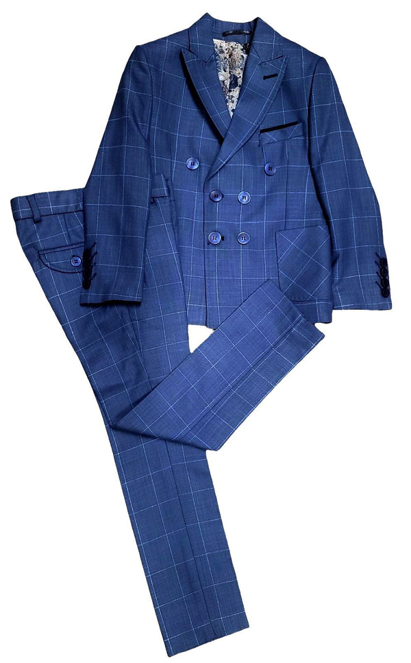 Blue Large Check Double Breasted Suit