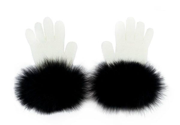 White Wool Gloves With Black Fox Fur