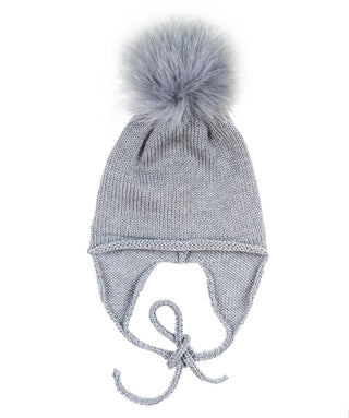 Grey Wool Fox Pom Hat With Strings