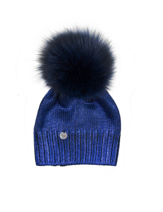 Blue Mettalic Wool Fox Pom Hat